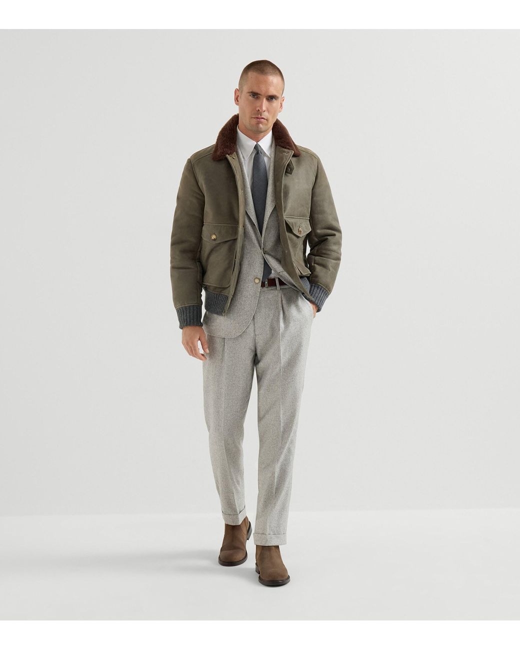 Brunello Cucinelli Green Leather Shearling-Trim Jacket for men