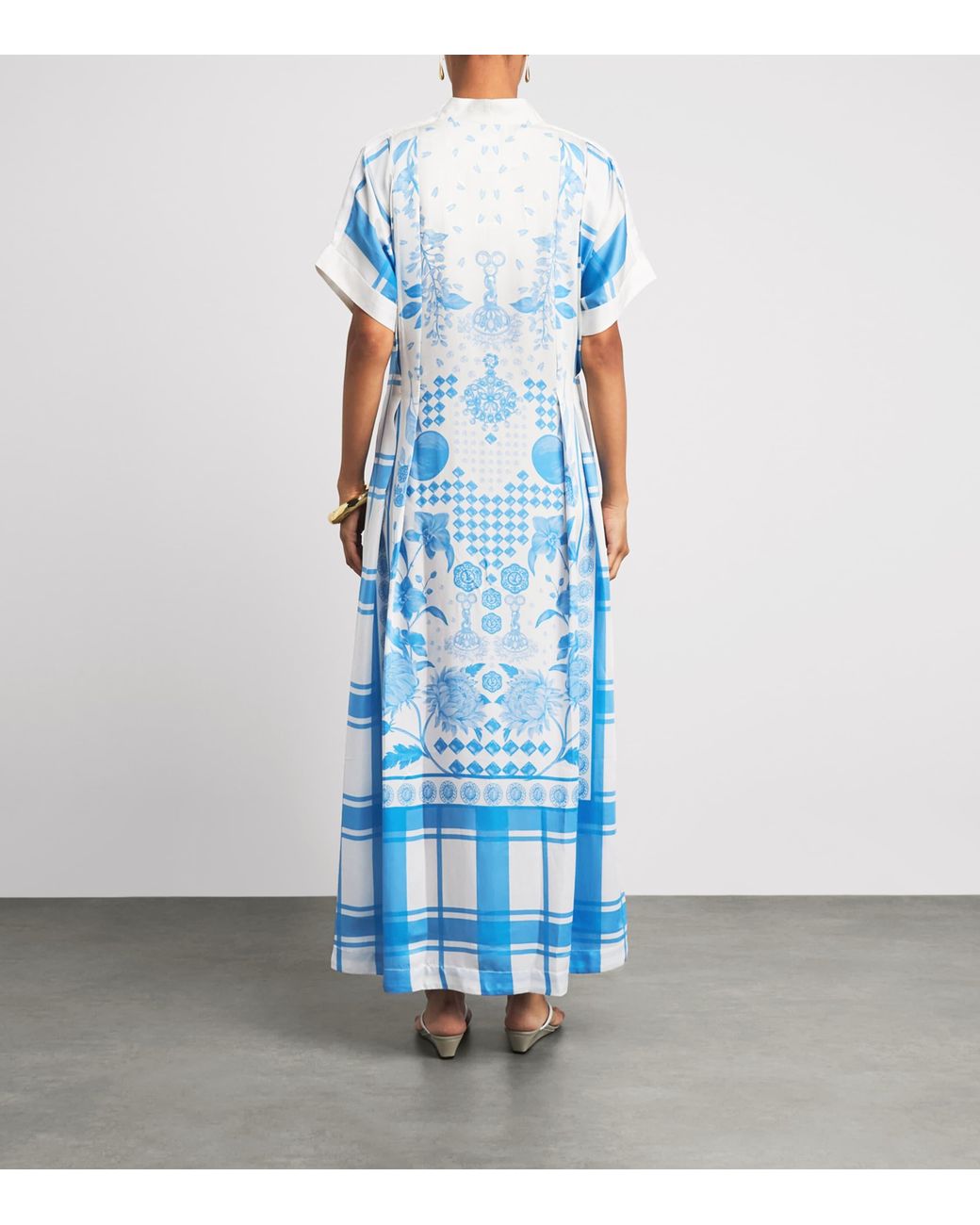 VERANDAH Blue Printed Gingham Kaftan Maxi Dress