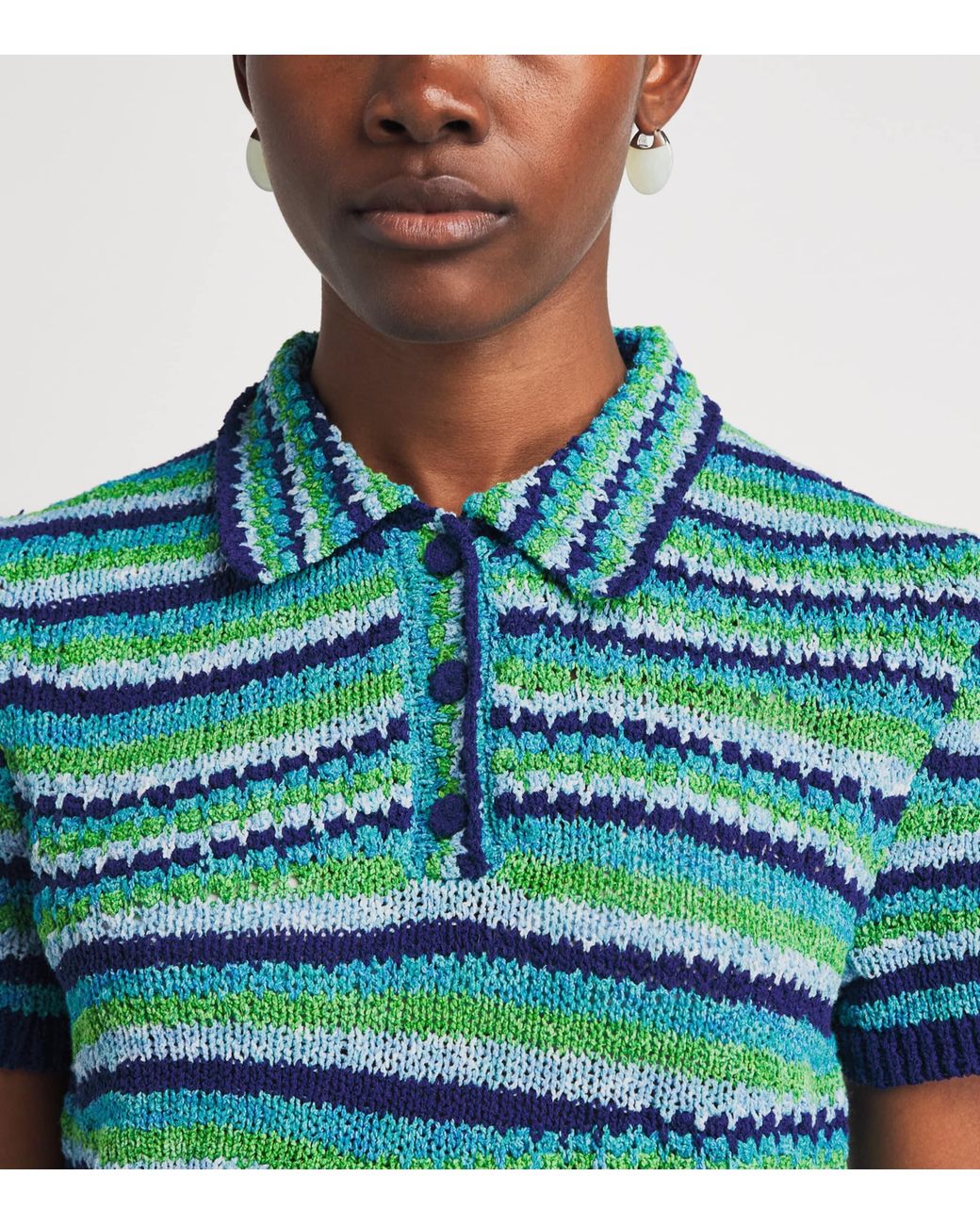 Tory Burch Blue Knitted Stripe Polo Shirt