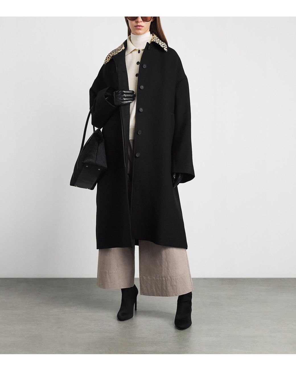 Rohe Black Wool Cheetah-Collar Coat