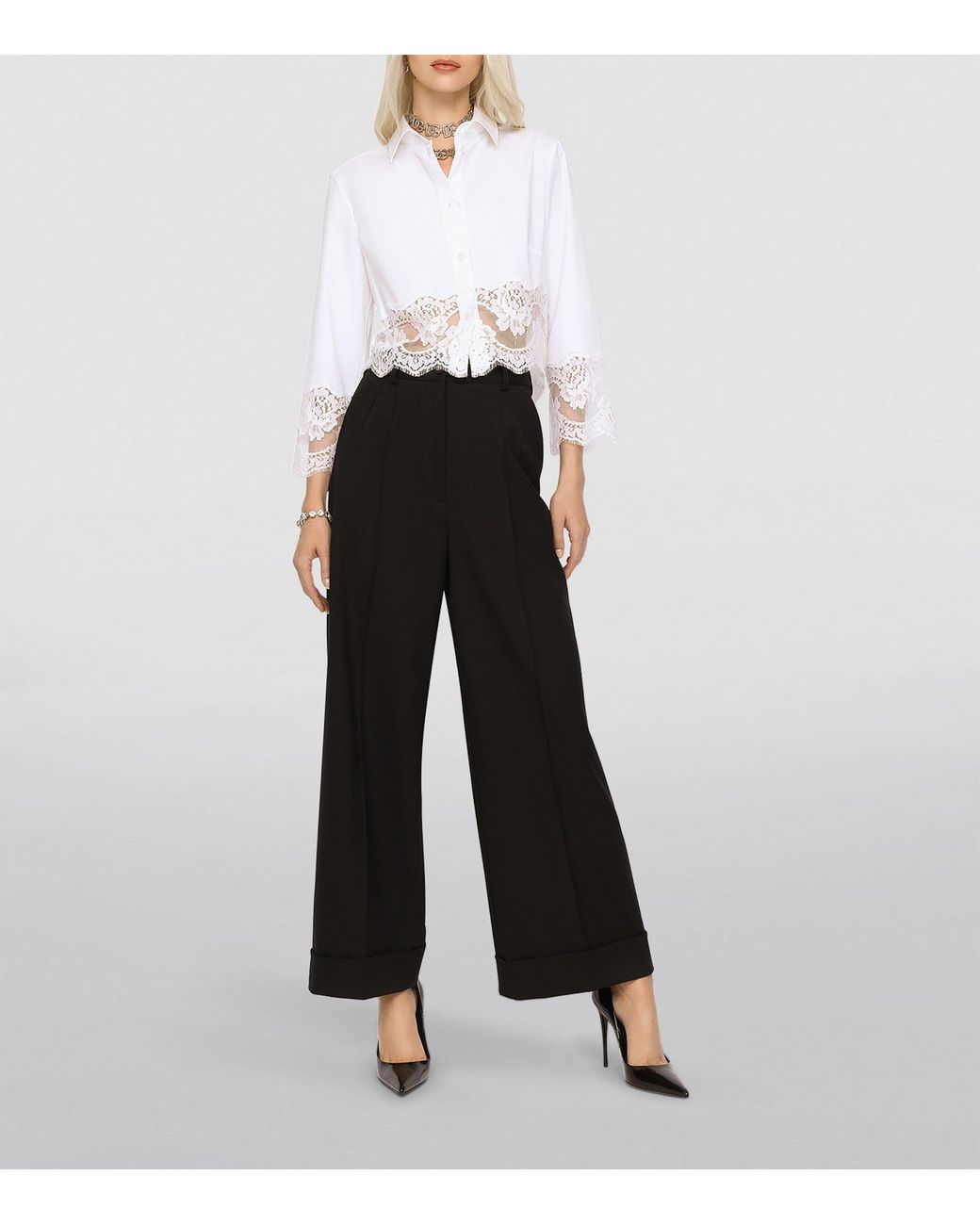 Dolce & Gabbana White Cropped Lace-Trim Shirt
