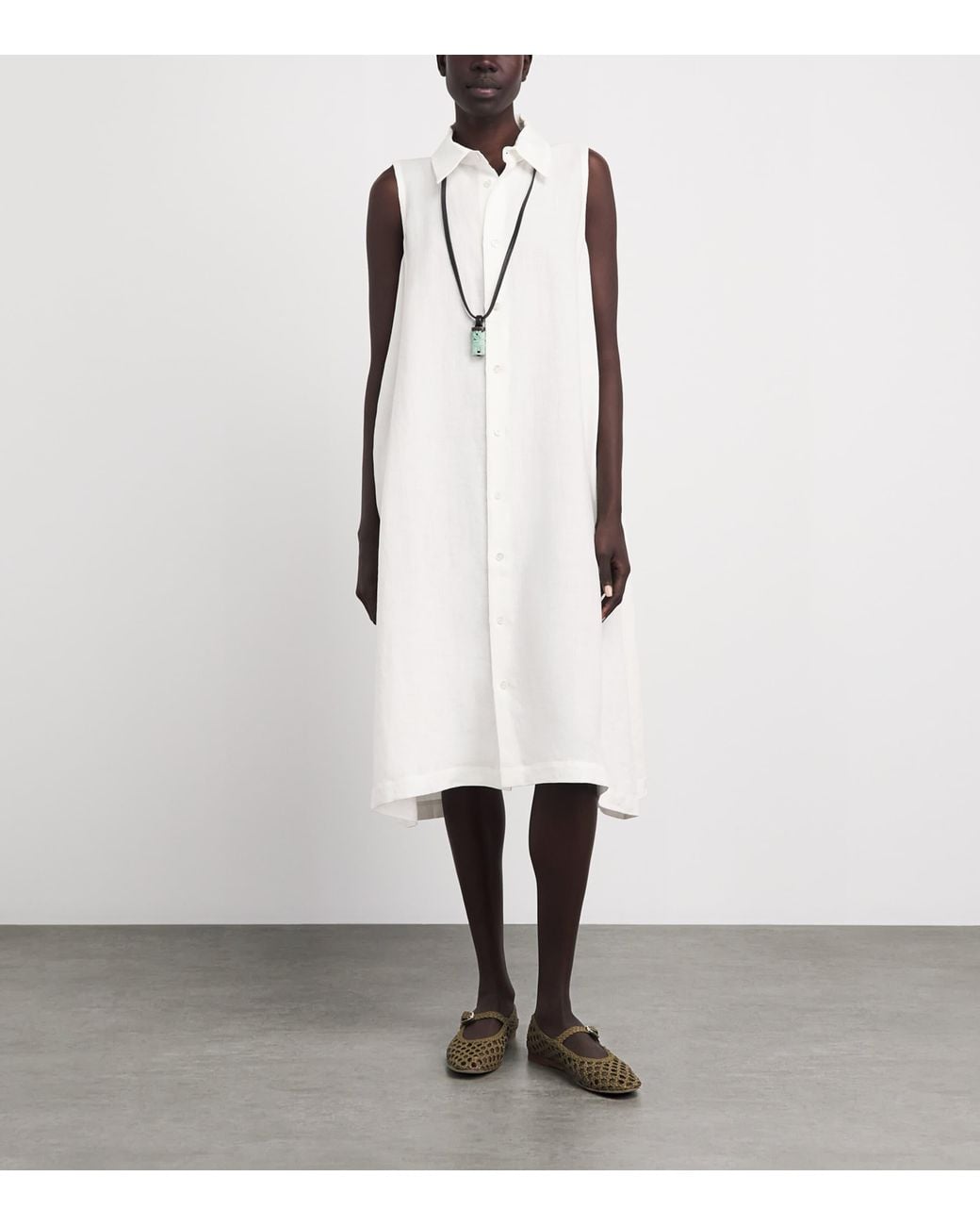 Eskandar White Linen Sleeveless Midi Shirt Dress