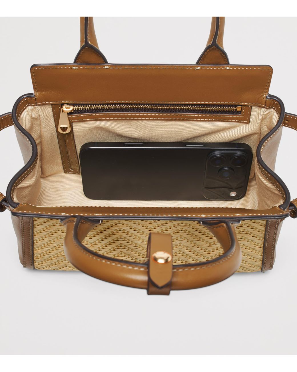 Aspinal Brown Mini Raffia-Leather Savannah Top-Handle Bag