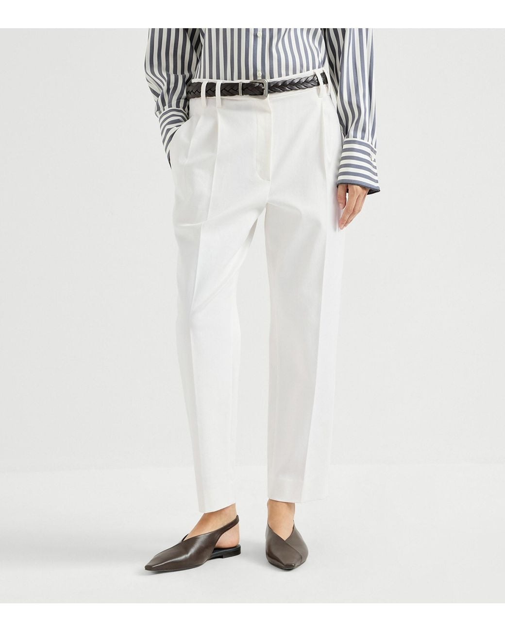 Brunello Cucinelli White Cotton Twill Pleated Trousers