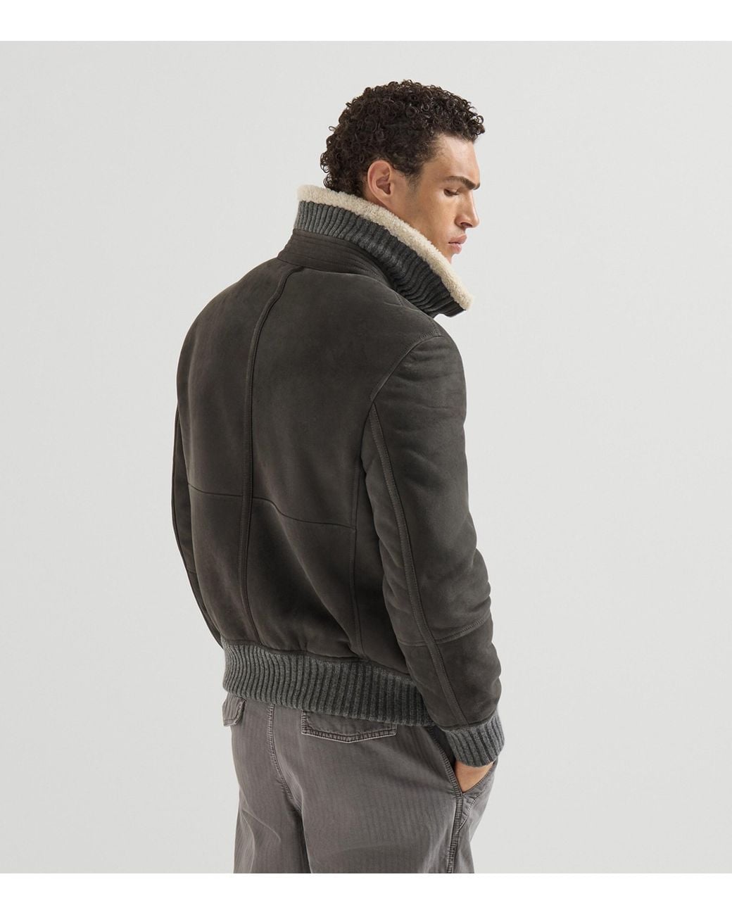 Brunello Cucinelli Black Suede-Shearling Bomber Jacket for men