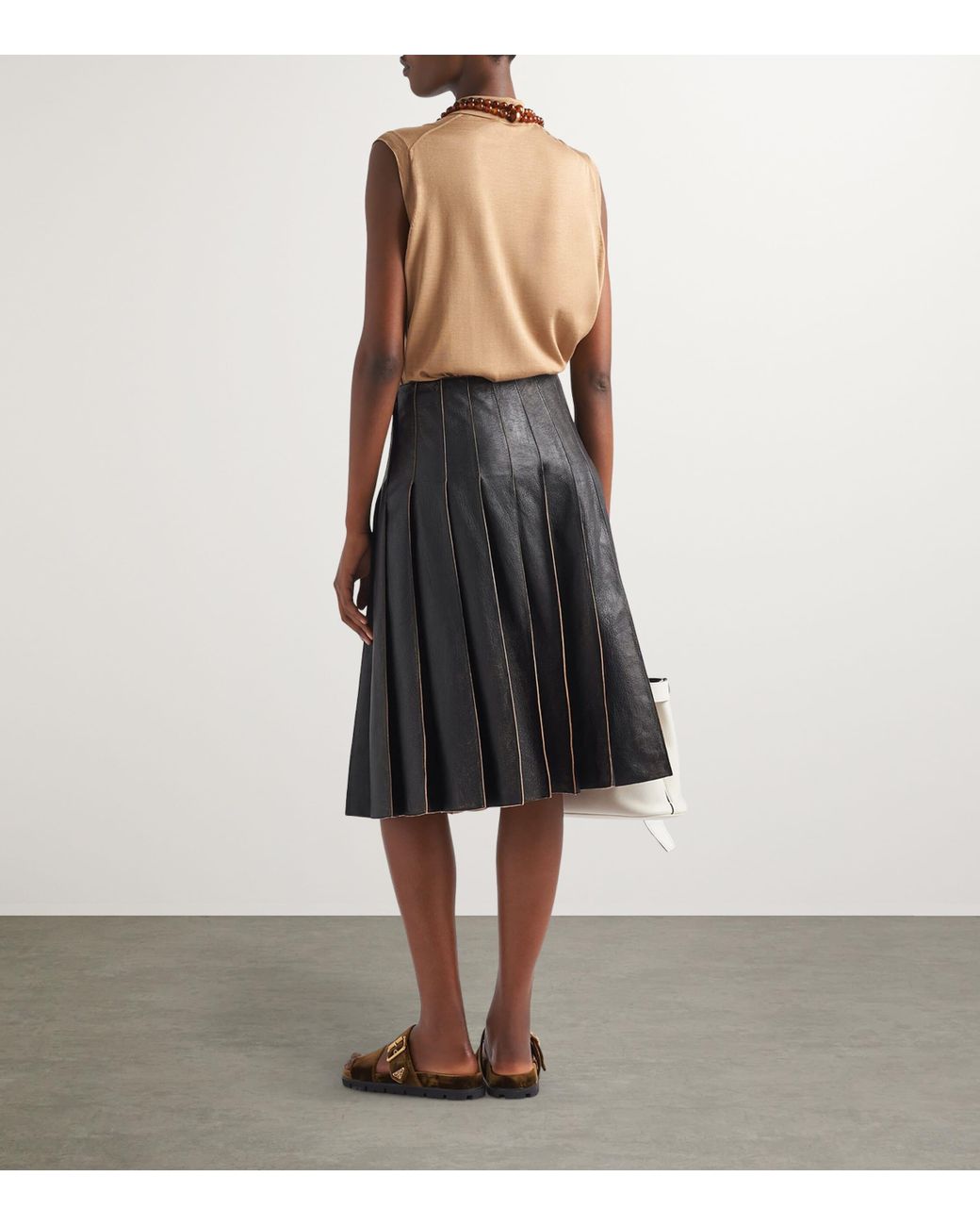 Prada Black Leather Pleated Midi Skirt