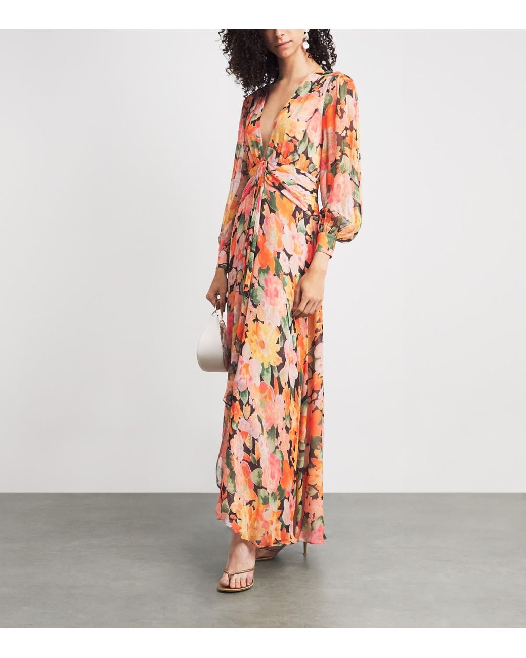 Rixo Orange Chiffon Floral Meera Maxi Dress