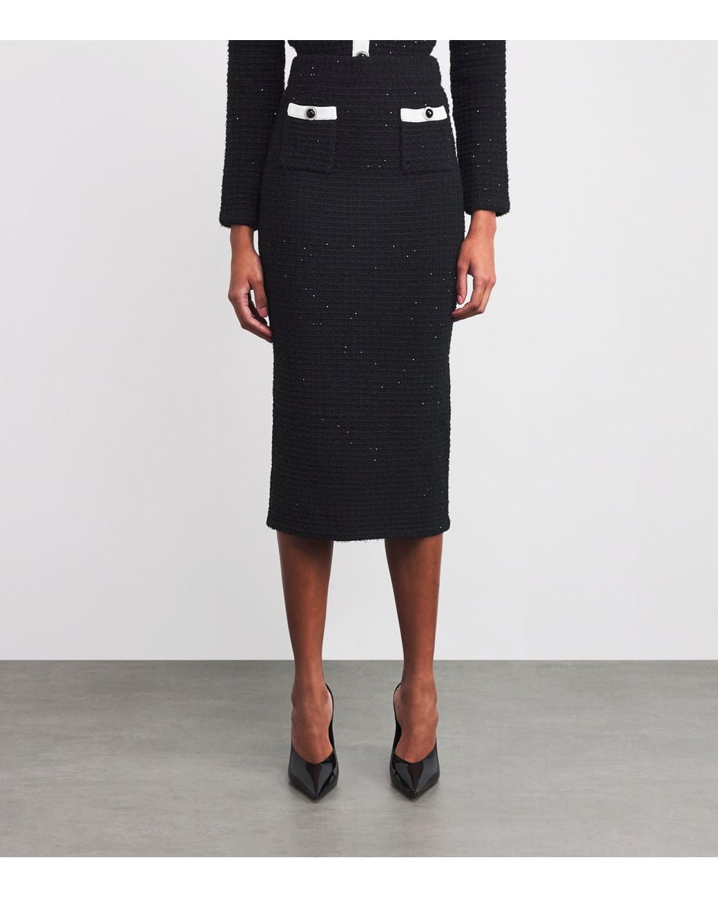 Self-Portrait Black Textured Midi Skirt