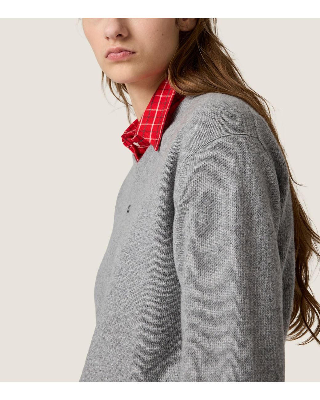Miu Miu Gray Wool-Cashmere Cropped V-Neck Sweater