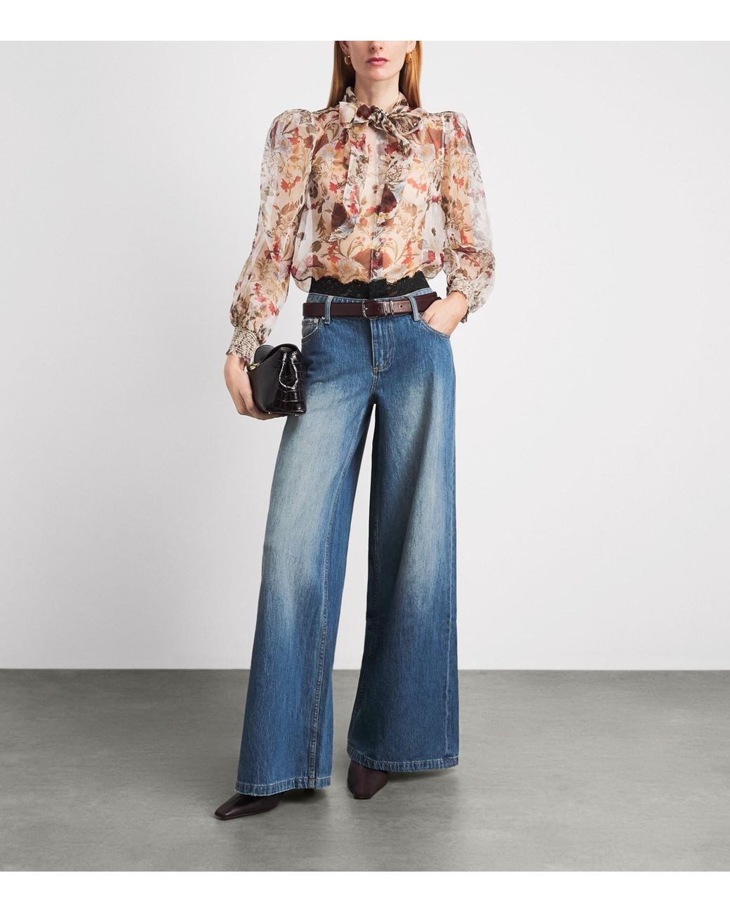 Alice + Olivia Blue Lace-Trim Ian Mid-Rise Wide-Leg Jeans
