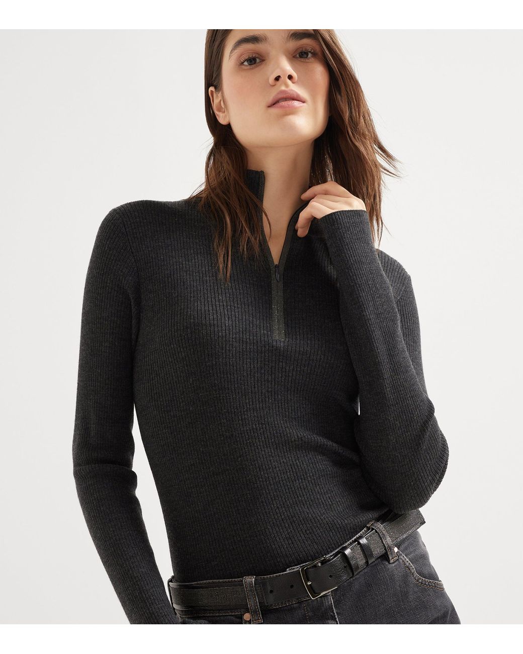 Brunello Cucinelli Black Virgin Wool-Cashmere Rib-Knit Sweater