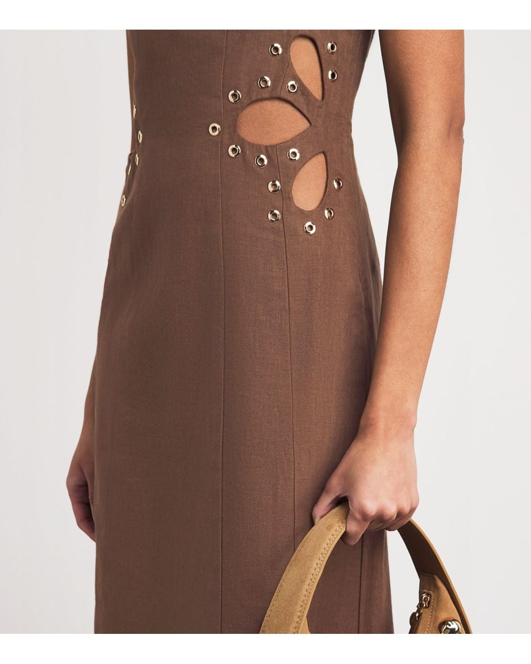 Maje Brown Linen Cut-Out Midi Dress