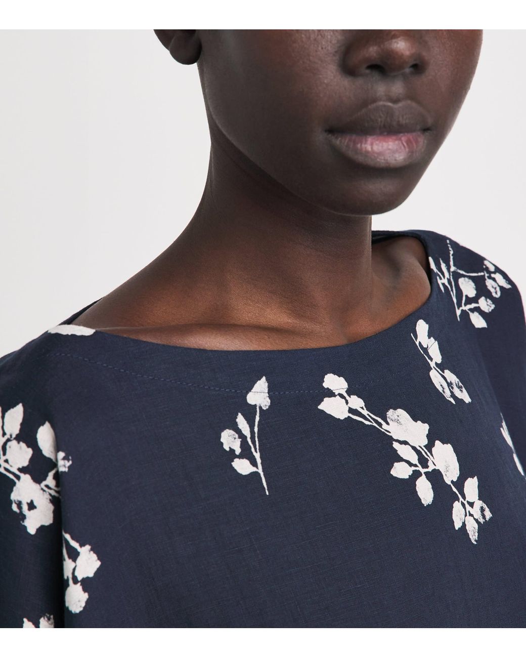 Eskandar Blue Linen Floral Boat-Neck Blouse