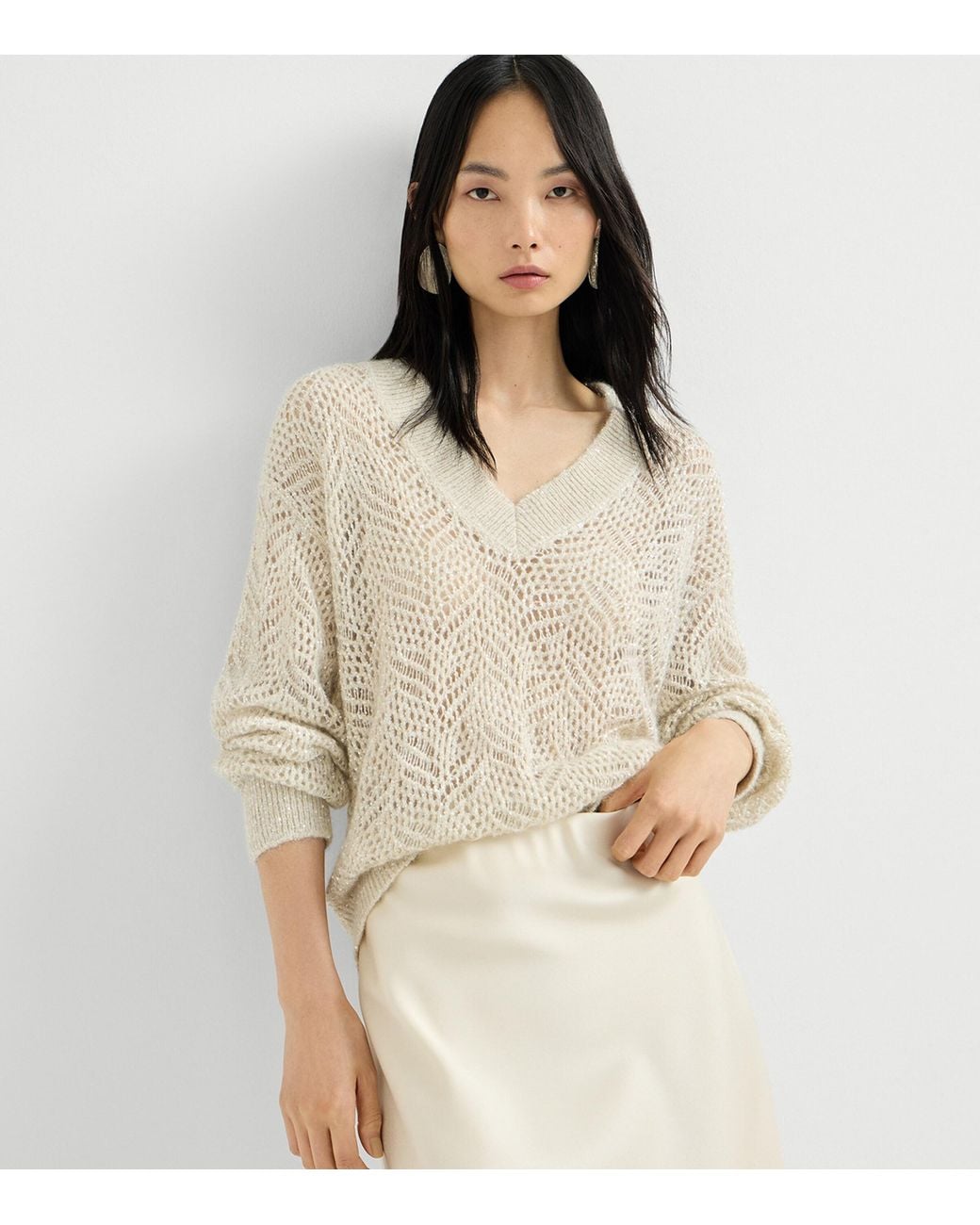 Brunello Cucinelli White Open-Work Embellished Sweater