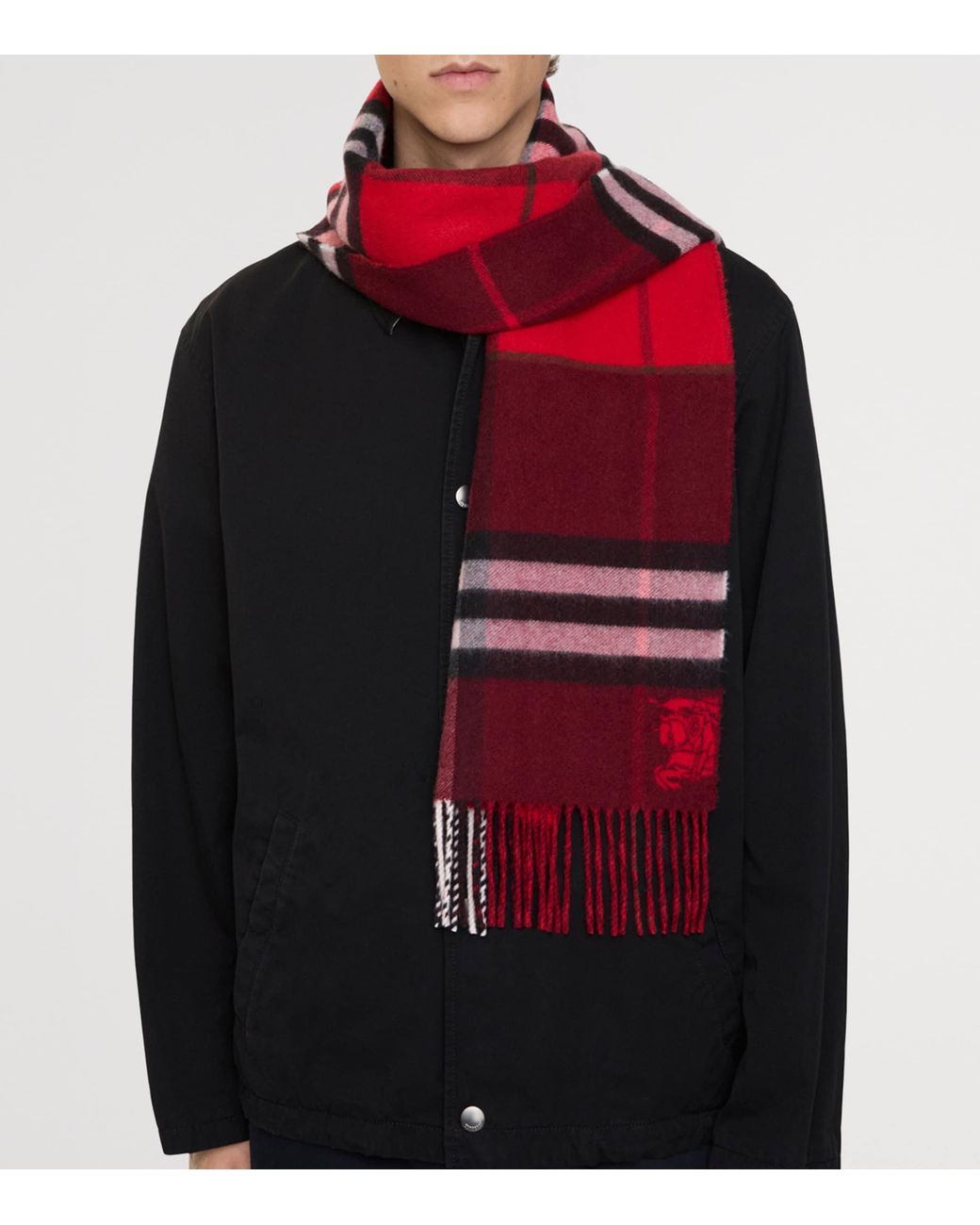 Burberry Red Cashmere Contrast Check Scarf