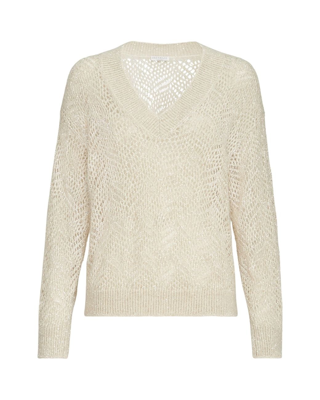Brunello Cucinelli White Open-Work Embellished Sweater