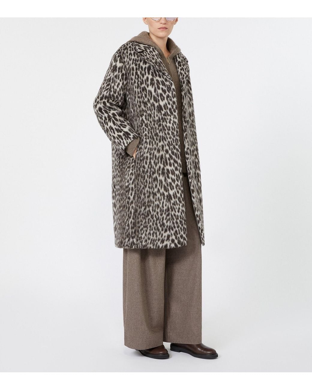 Max Mara Gray Wool-Alpaca Leopard Print Overcoat
