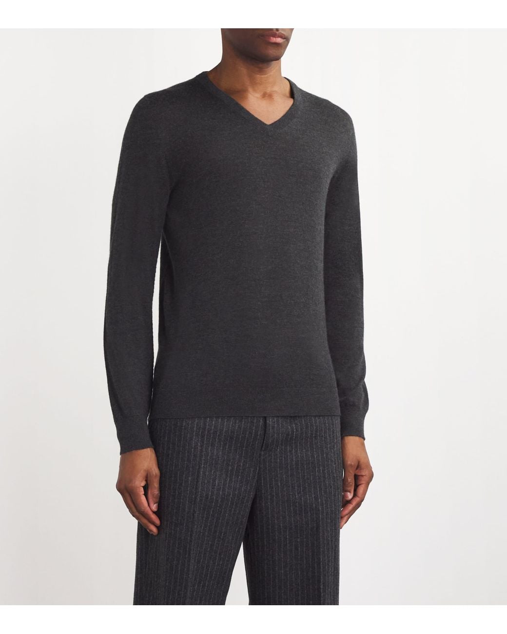 Johnstons Gray Superfine Cashmere V-Neck Sweater for men