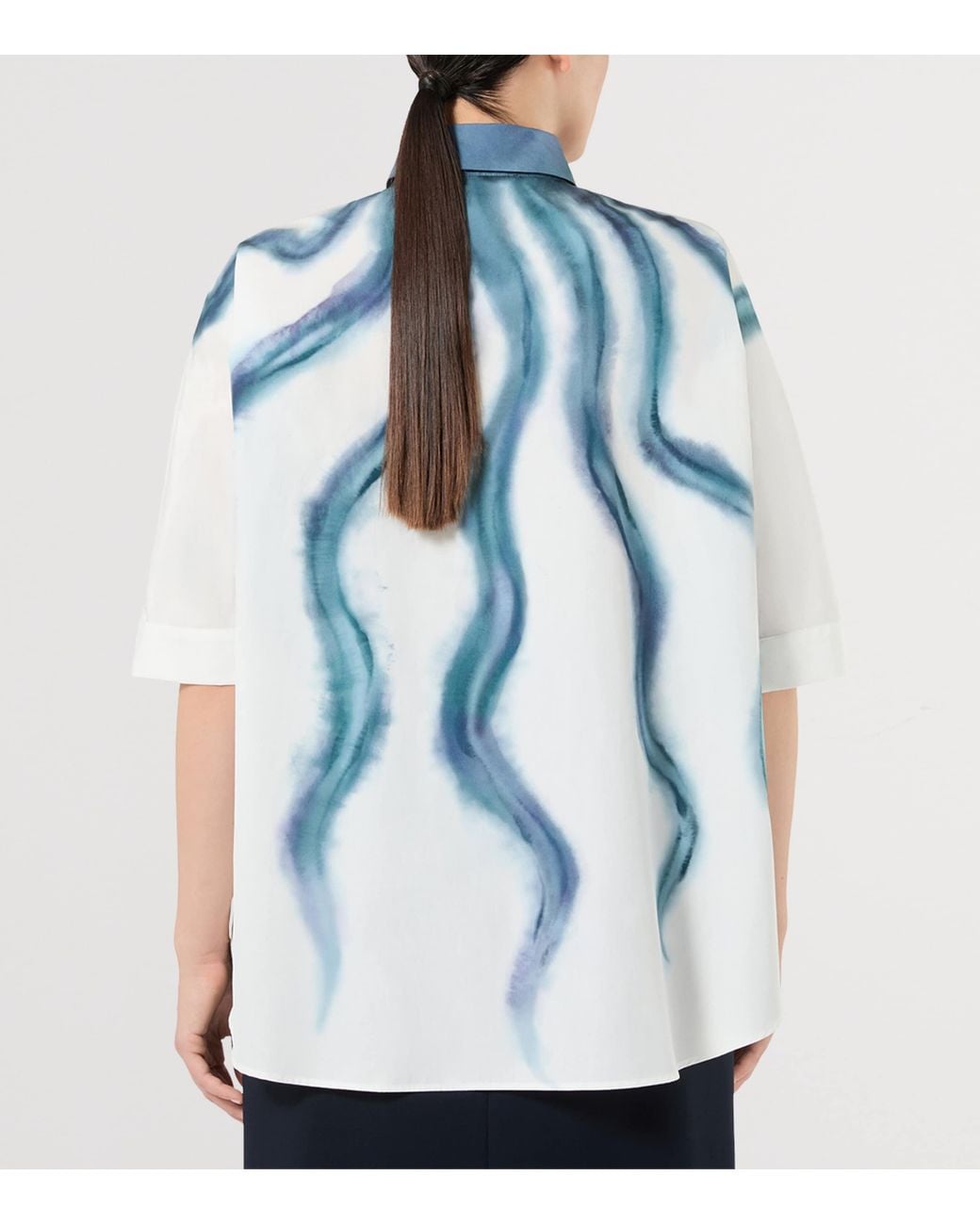 Marina Rinaldi Blue Cotton Printed Short-Sleeve Shirt