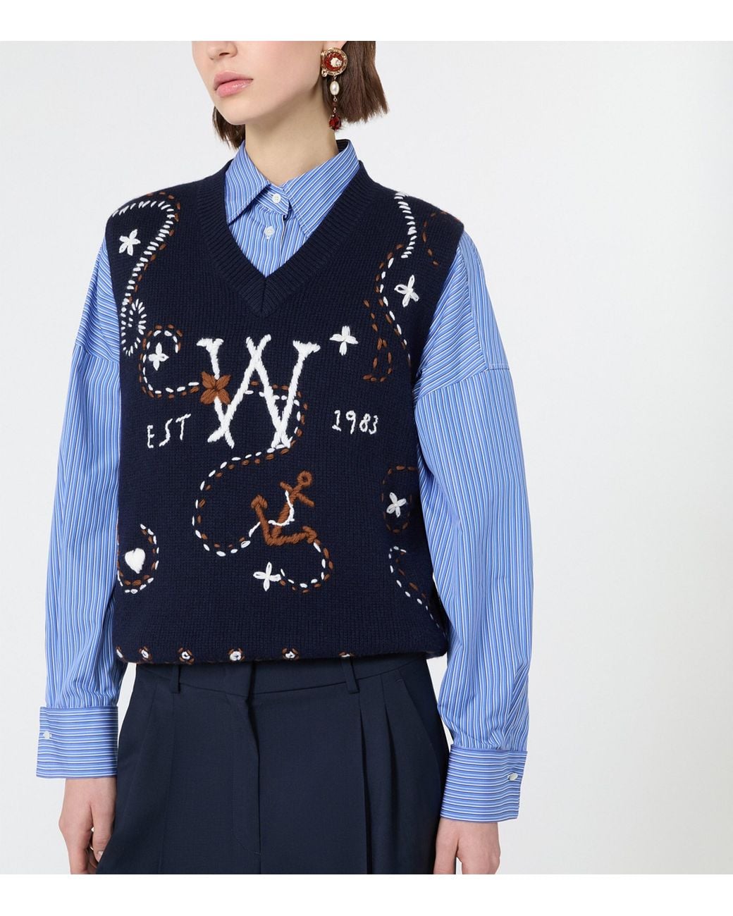Weekend by Maxmara Black Virgin Wool Embroidered Sweater Vest