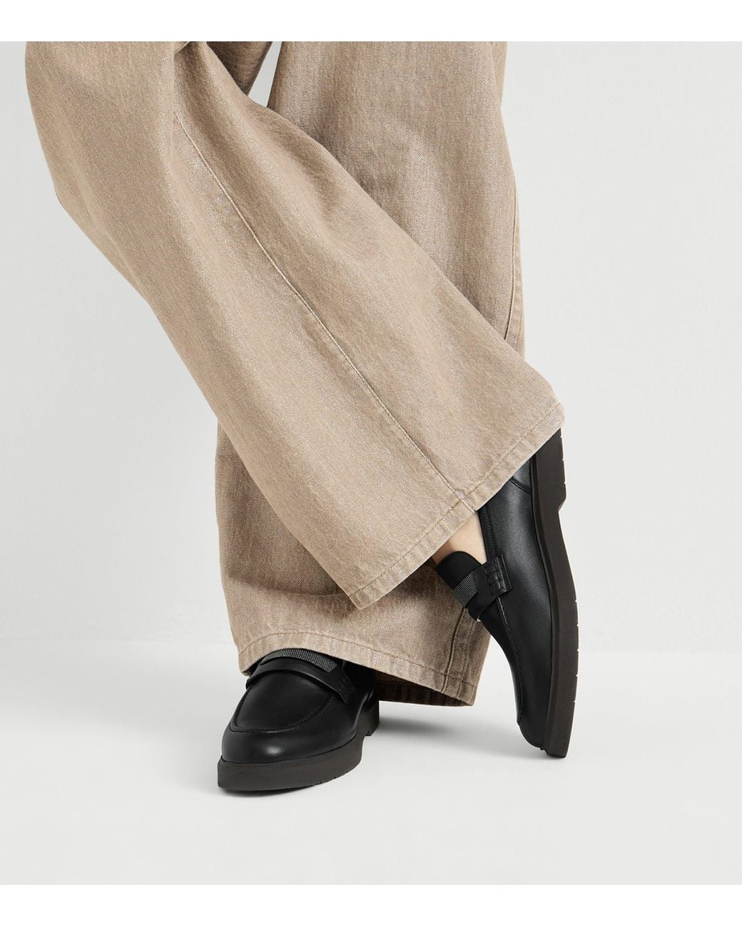 Brunello Cucinelli Black Leather Monili-Detail Penny Loafers