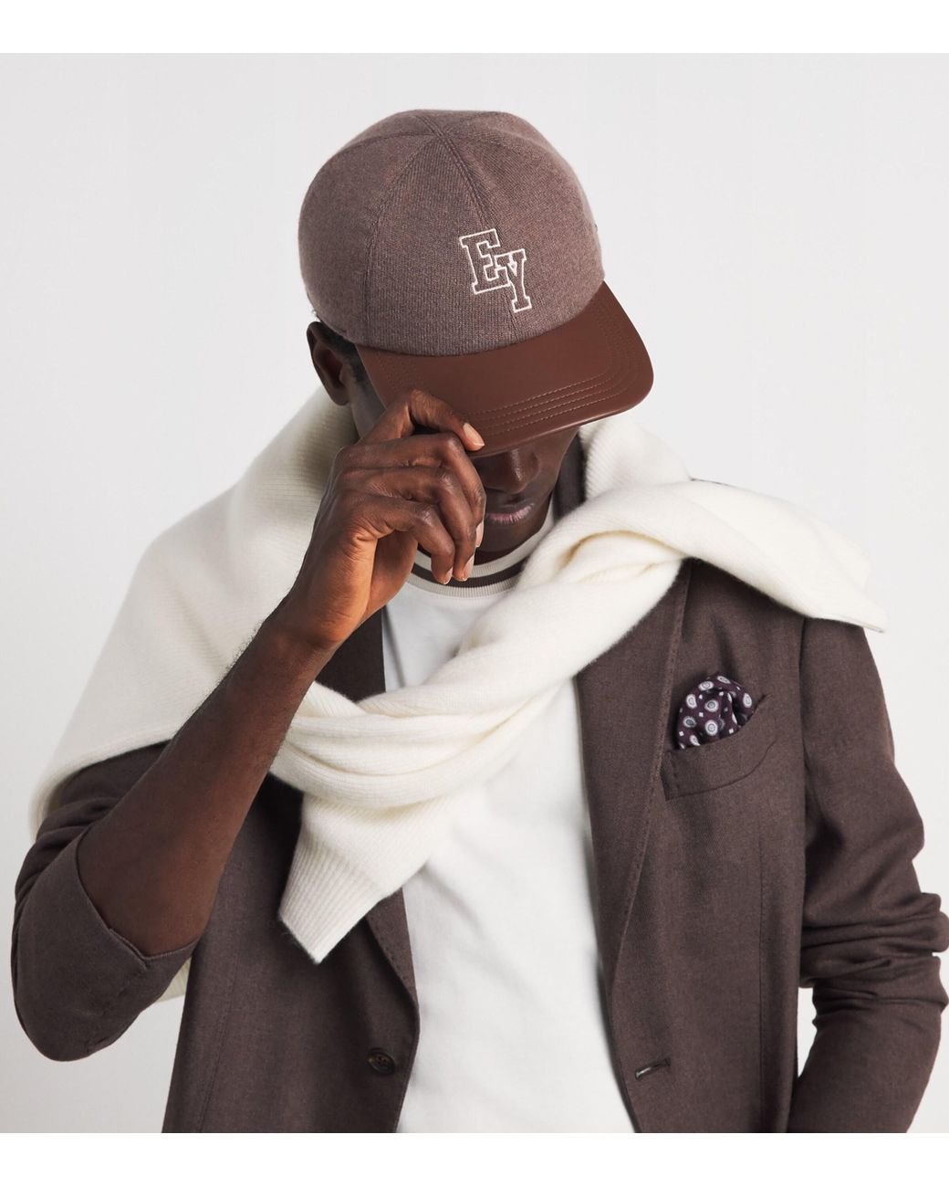 Eleventy Brown Cashmere Wool-Lined Embroidered Baseball Cap for men