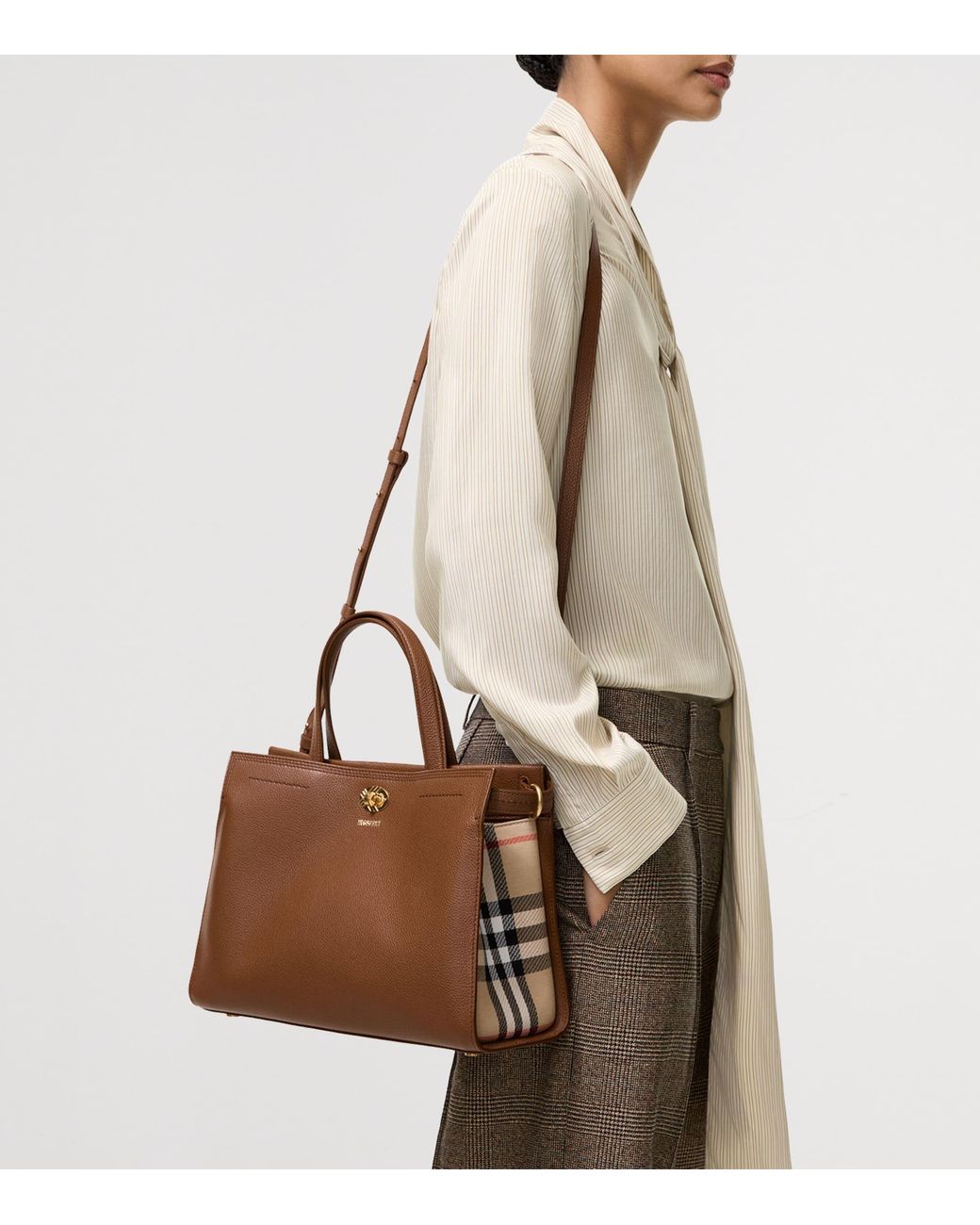 Burberry Brown Small Leather Cotswolds Check Tote Bag