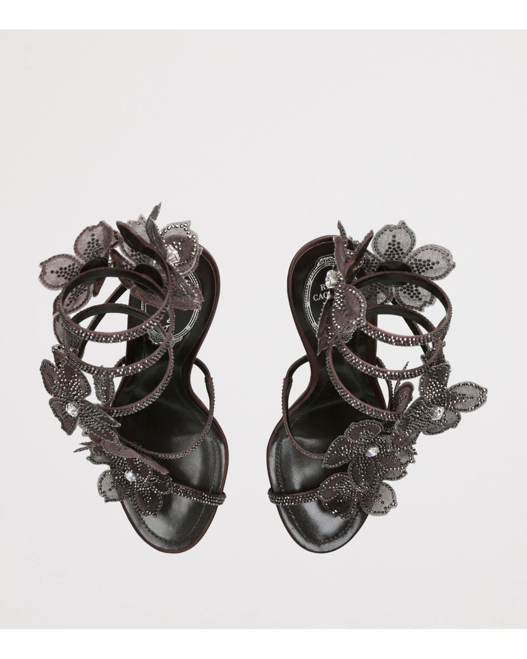 Rene Caovilla Black Satin Floral Cleo Sandals 105