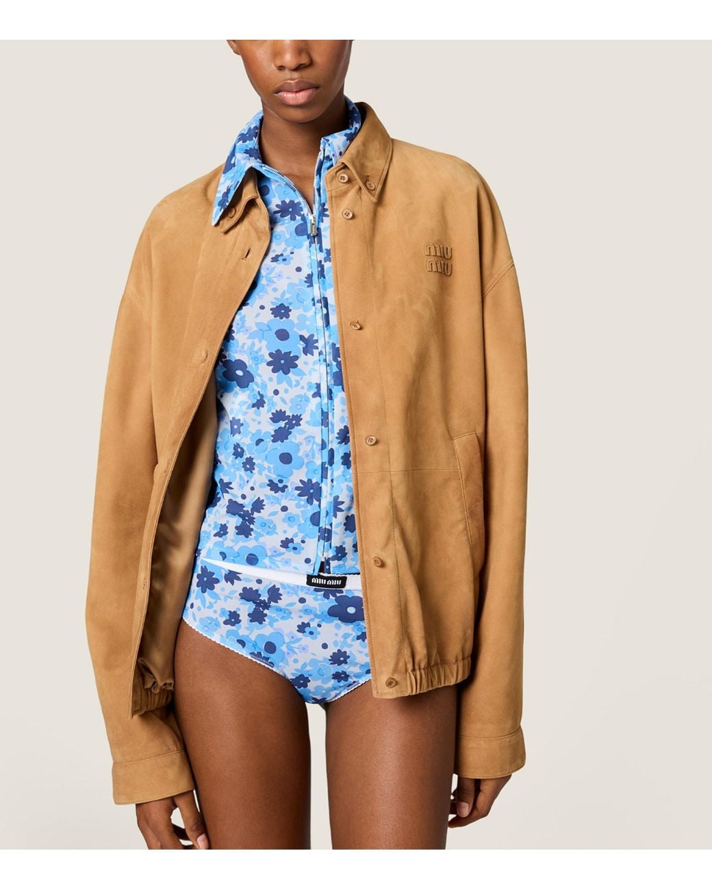 Miu Miu Blue Zip-Up Floral Print Shirt