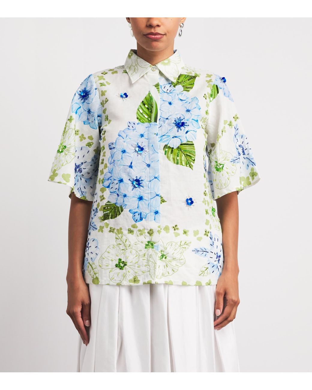 VERANDAH Blue Linen-Cotton Hydrangea Shirt