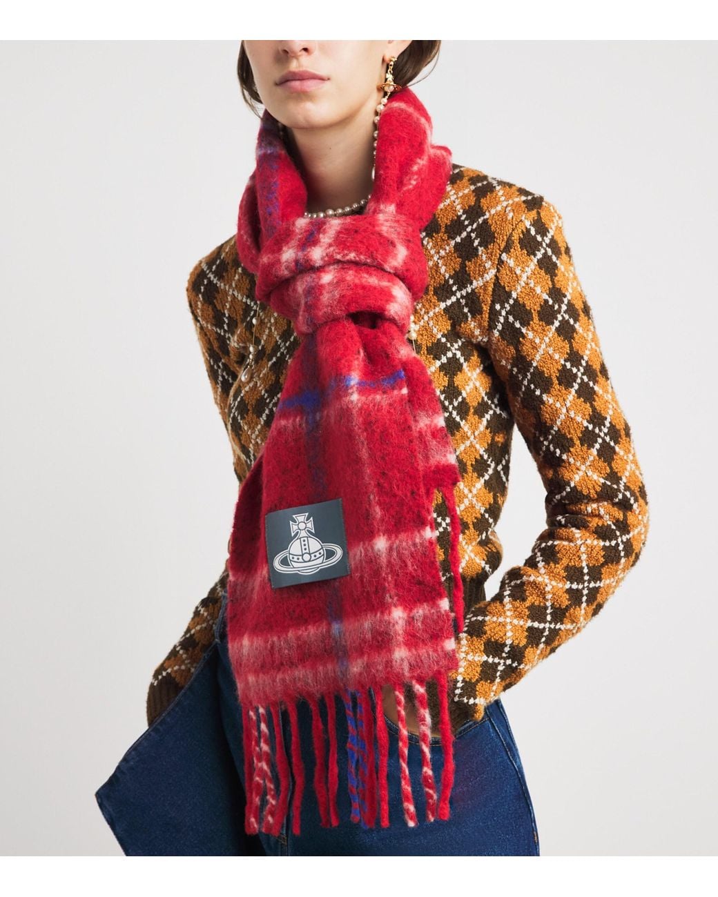 Vivienne Westwood Red Alpaca-Blend Check Orb Scarf