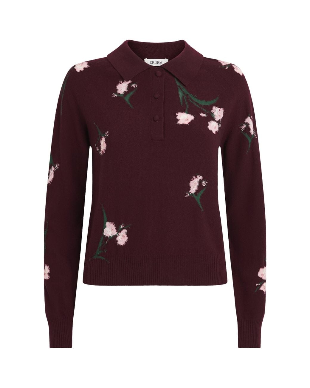 Erdem Red Merino Wool Floral Polo Sweater