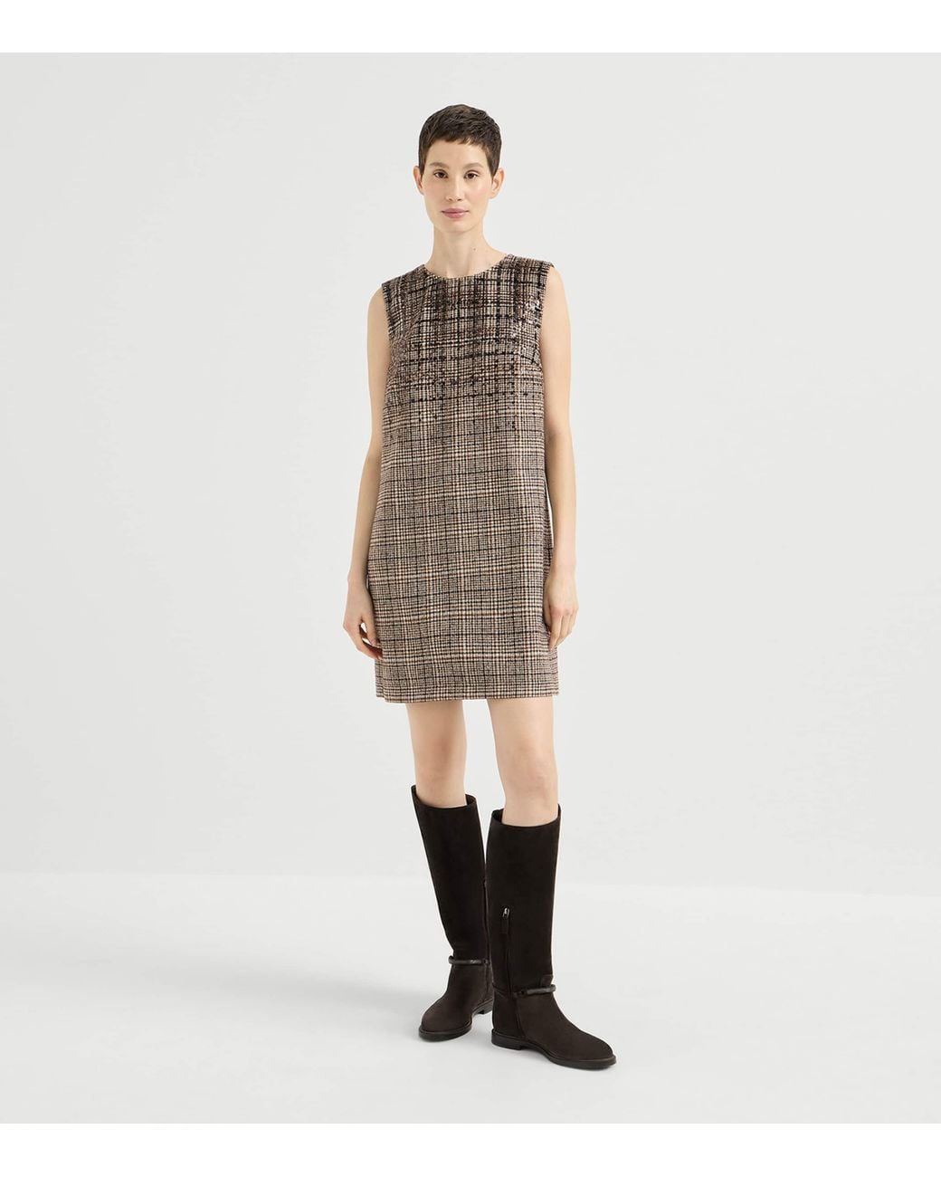 Brunello Cucinelli Brown Alpaca-Wool-Blend Check Mini Dress