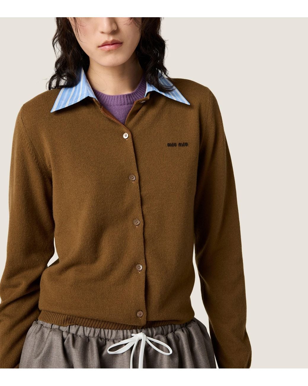 Miu Miu Brown Cashmere Detachable-Collar Cardigan