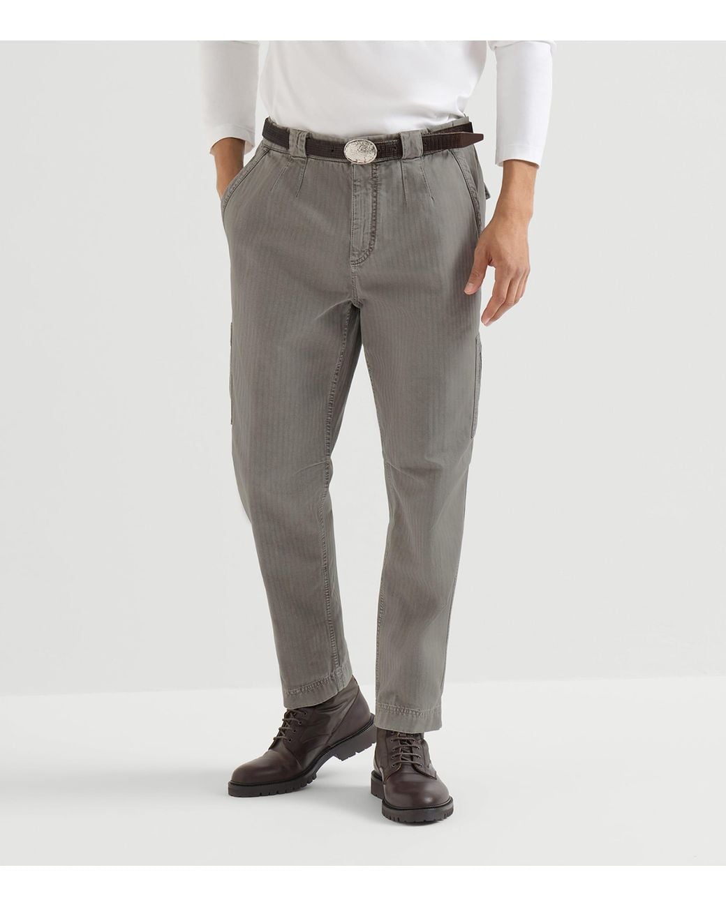 Brunello Cucinelli Gray Cotton Chevron Slim Trousers for men