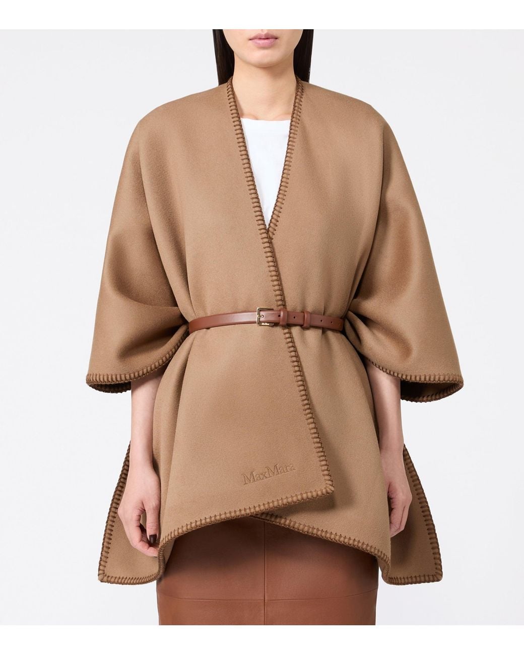 Max Mara Brown Virgin Wool Logo Cape And Belt