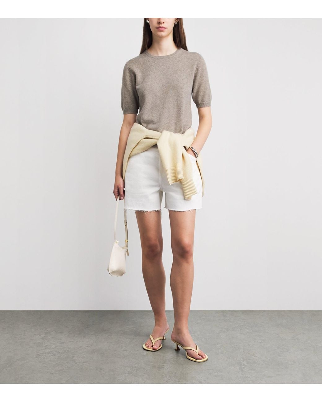 Soft Goat Gray Cashmere Short-Sleeve Sweater