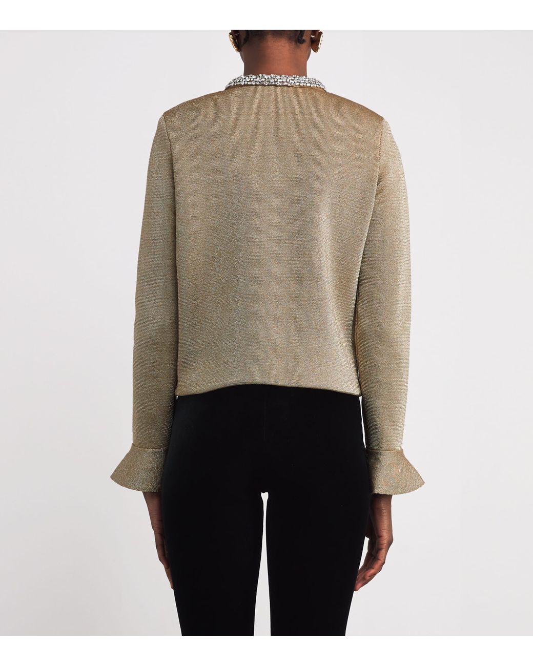 Self-Portrait Green Metallic Knitted Embellished Cardigan