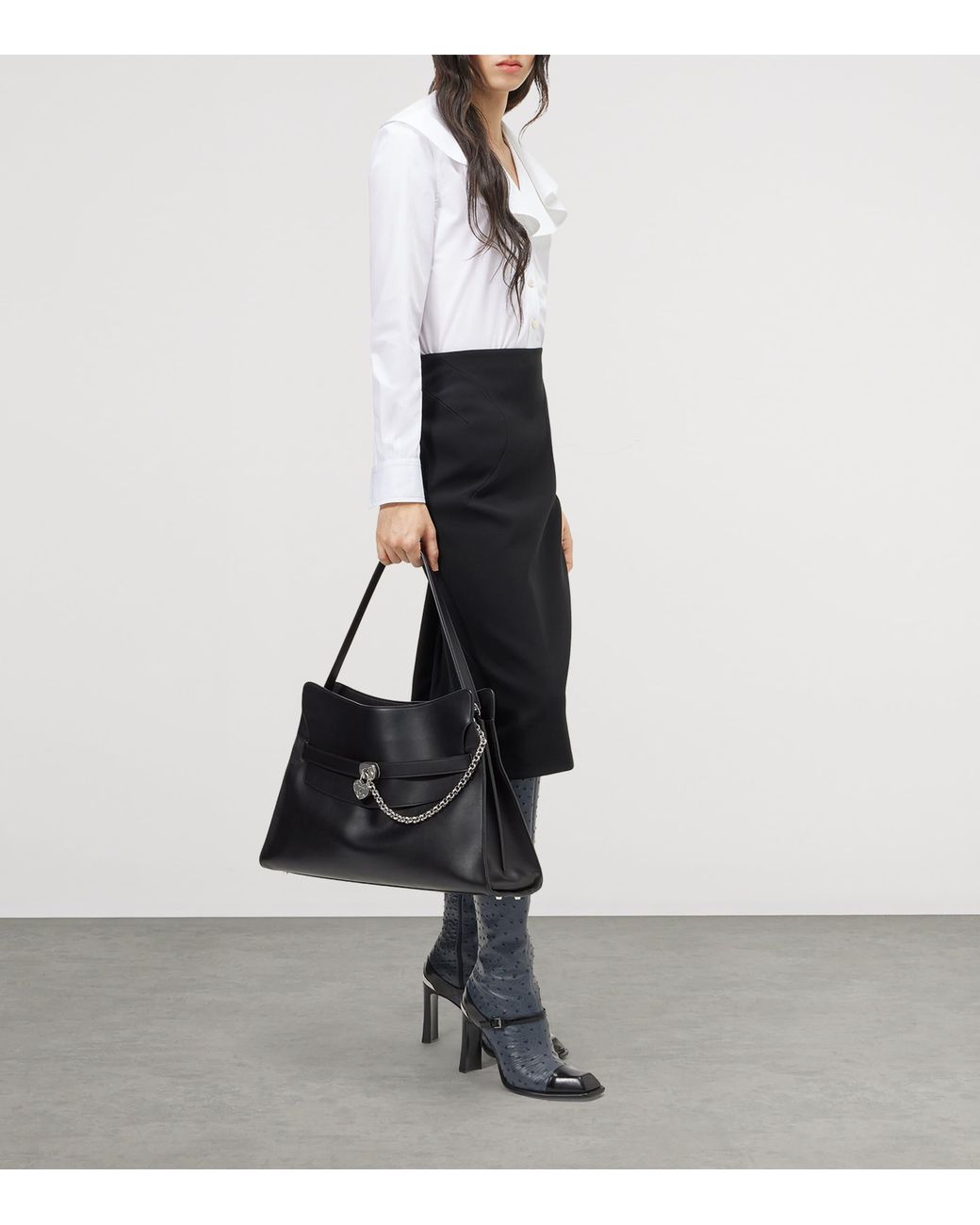 McQueen Black Maxi Calfskin Locke Top-Handle Bag
