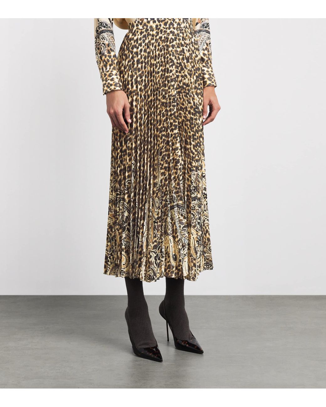 Etro Natural Satin Leopard Pleated Maxi Skirt