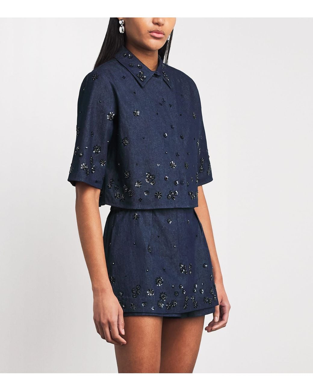 Maje Blue Denim Embellished Cropped Shirt