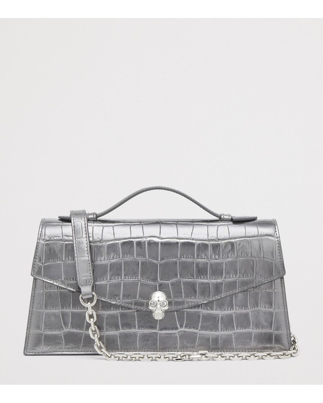 McQueen White Croc-Embossed Metallic Leather Skull Shoulder Bag