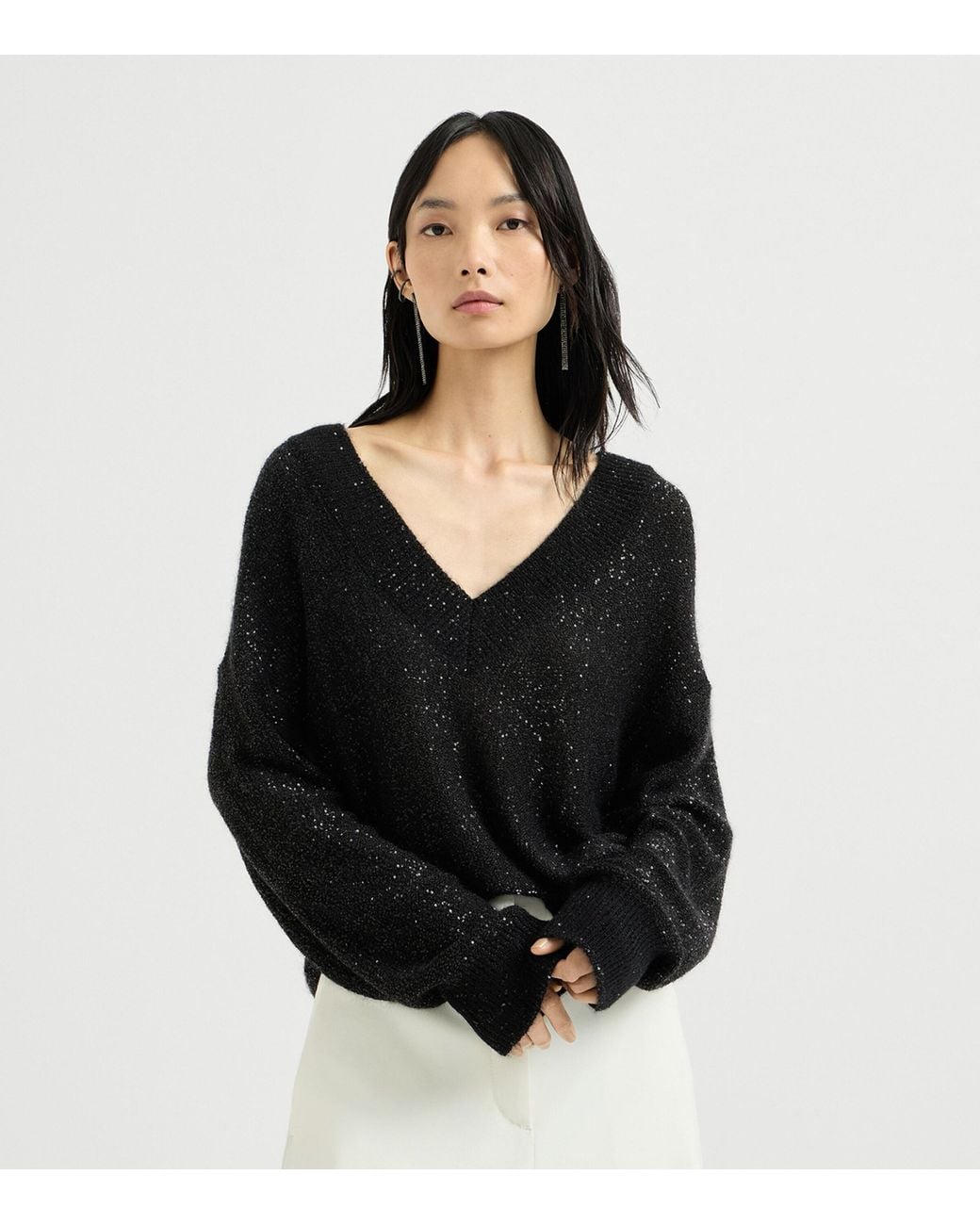 Brunello Cucinelli Black Embellished V-Neck Sweater