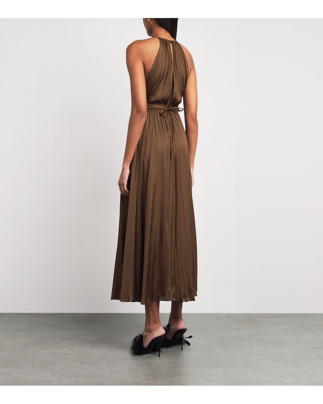 Maje Brown Satin Pleated Maxi Dress