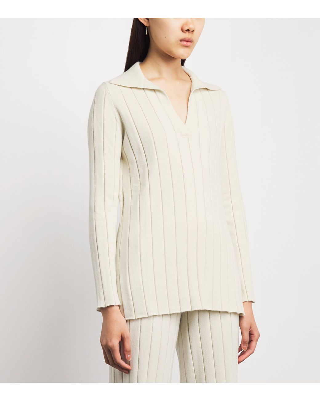 Colombo White Cashmere Ribbed Polo Sweater