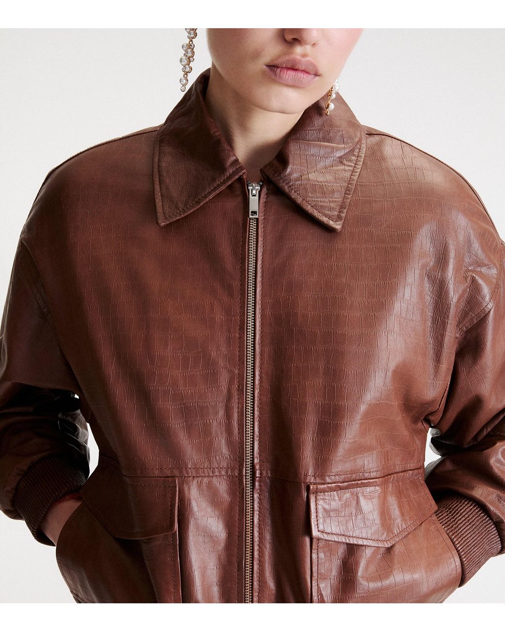 Marella Brown Croc-Embossed Leather Bomber Jacket