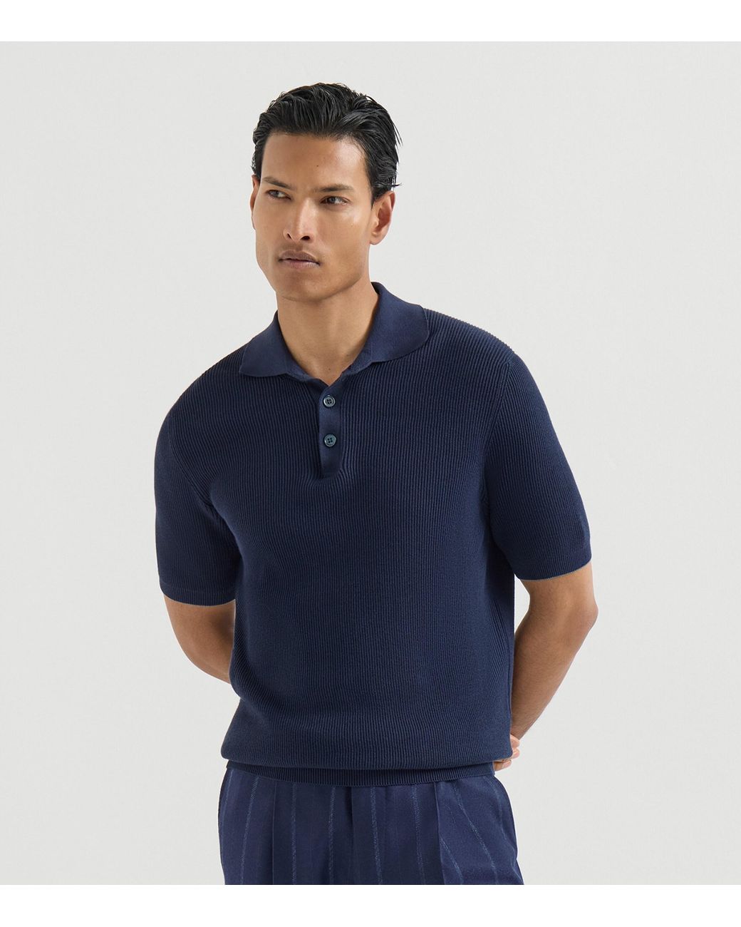 Brunello Cucinelli Blue Cotton Rib-Knit Polo Shirt for men