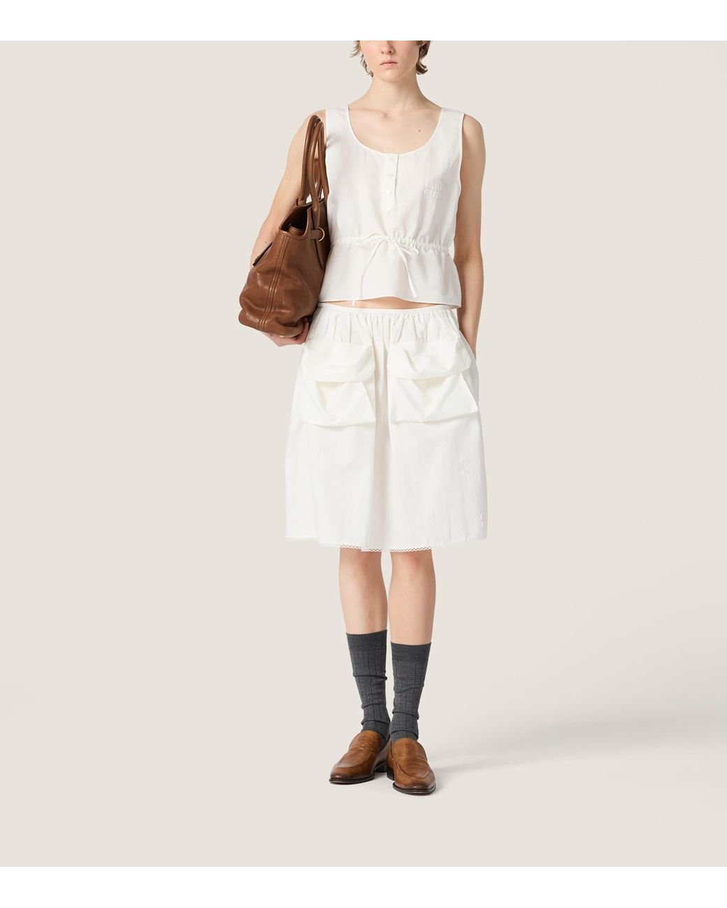 Miu Miu White Cotton-Linen Slubbed Midi Skirt