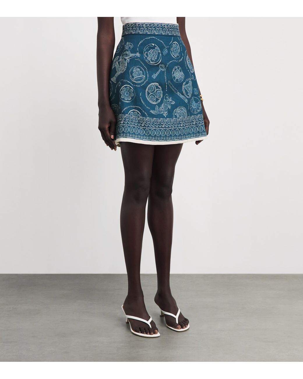 ALÉMAIS Blue Linen Printed Lucky Mini Skirt