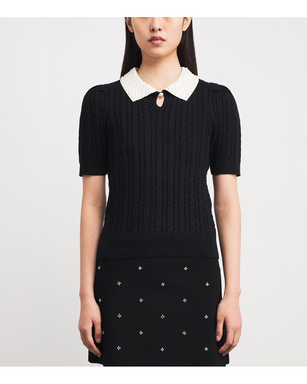 Sandro Black Cotton-Wool-Blend Cable-Knit Pearl-Collar Sweater